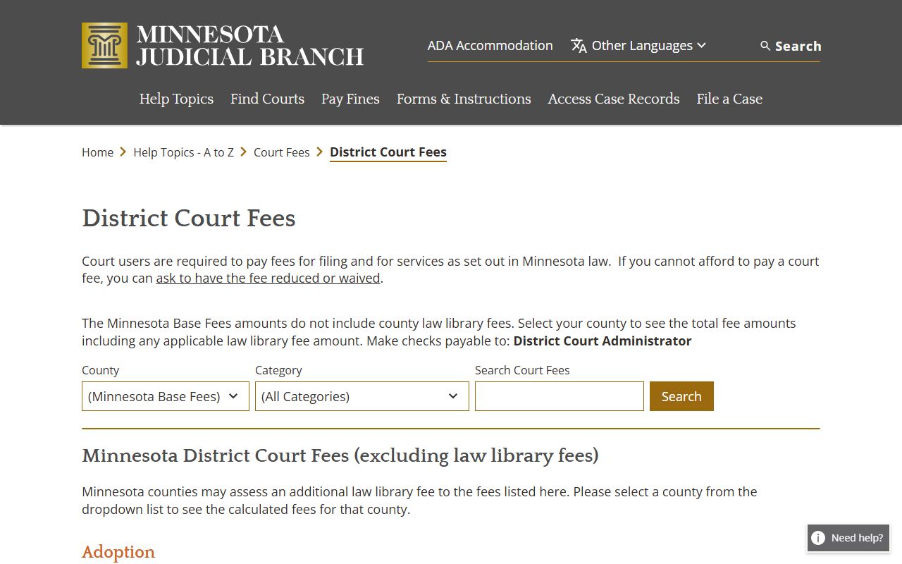 District court fees page