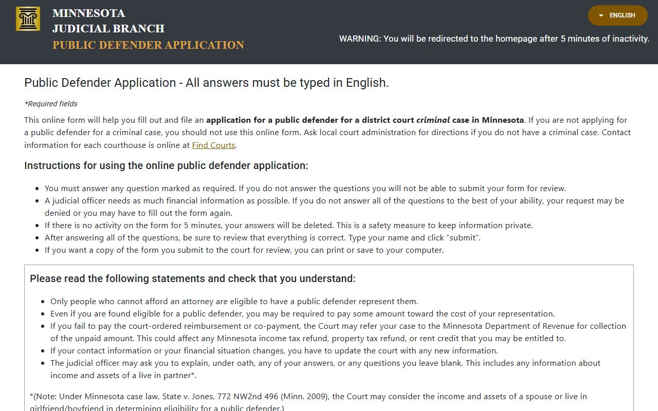 Public defender application page
