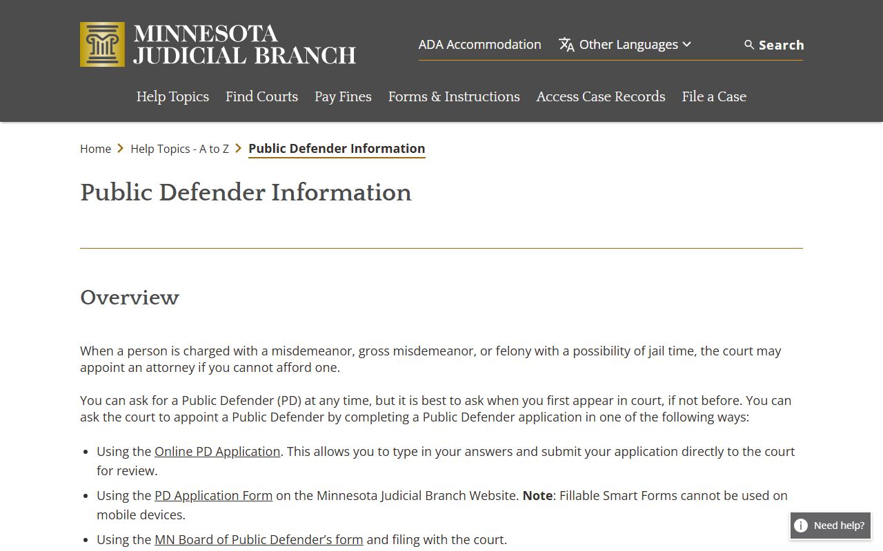 Public defender help topic page