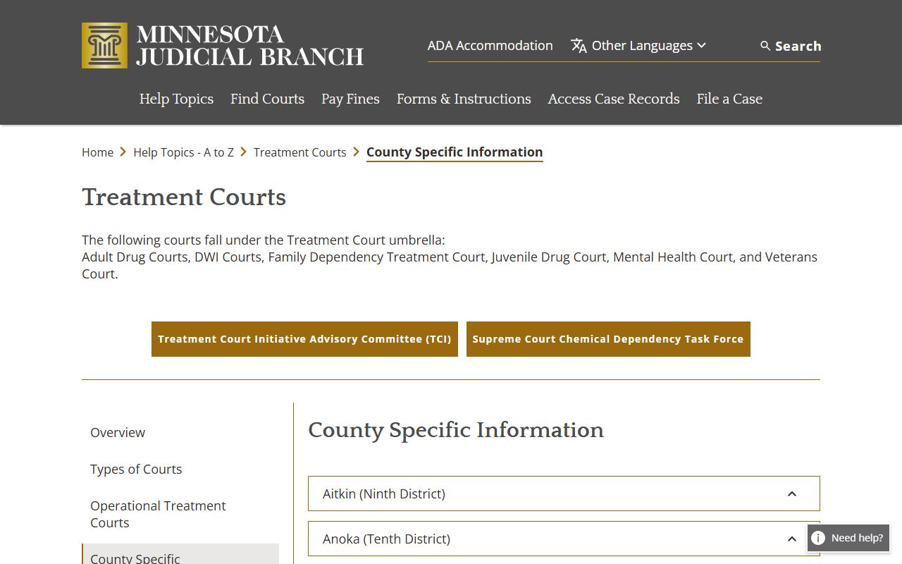 Treatment court county-specific information page