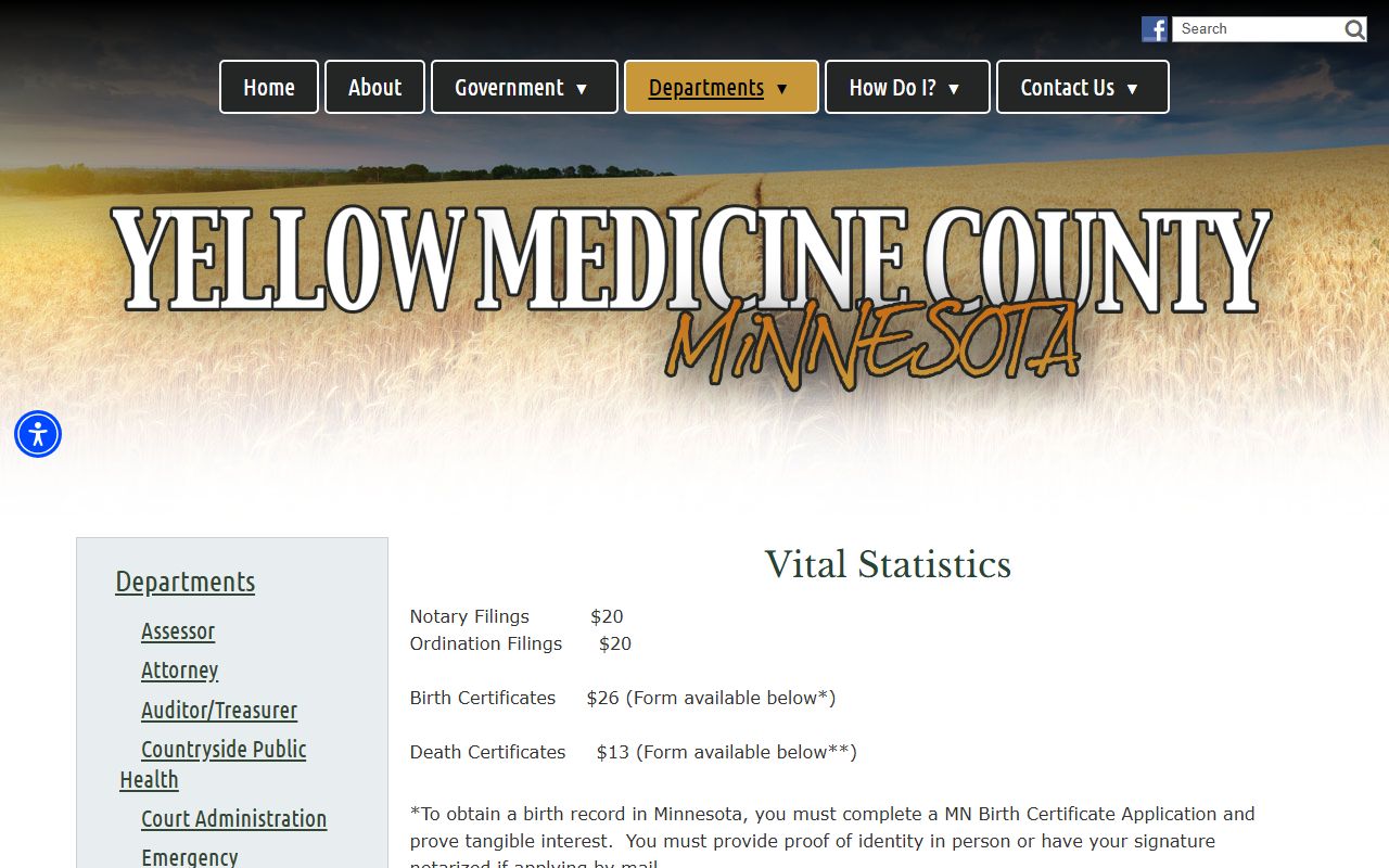 Yellow Medicine Vital Statistics page