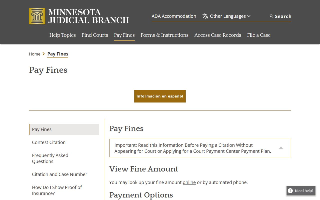 Pay fines and citation information page